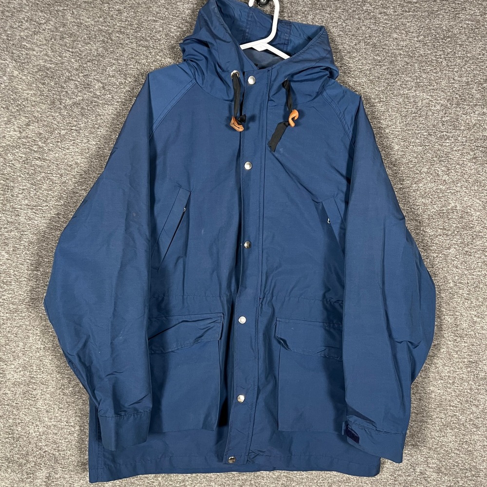 Vintage Woolrich Womens Navy Blue Hooded Rain Jacket Cotton Nylon Outdoor Size L